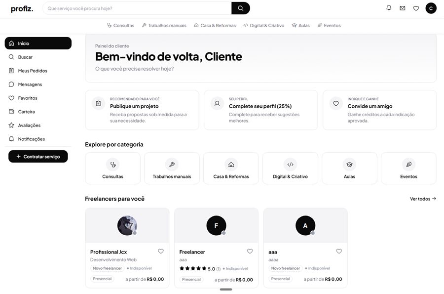 Tela da plataforma Profezz, com busca de serviços, categorias e lista de freelancers