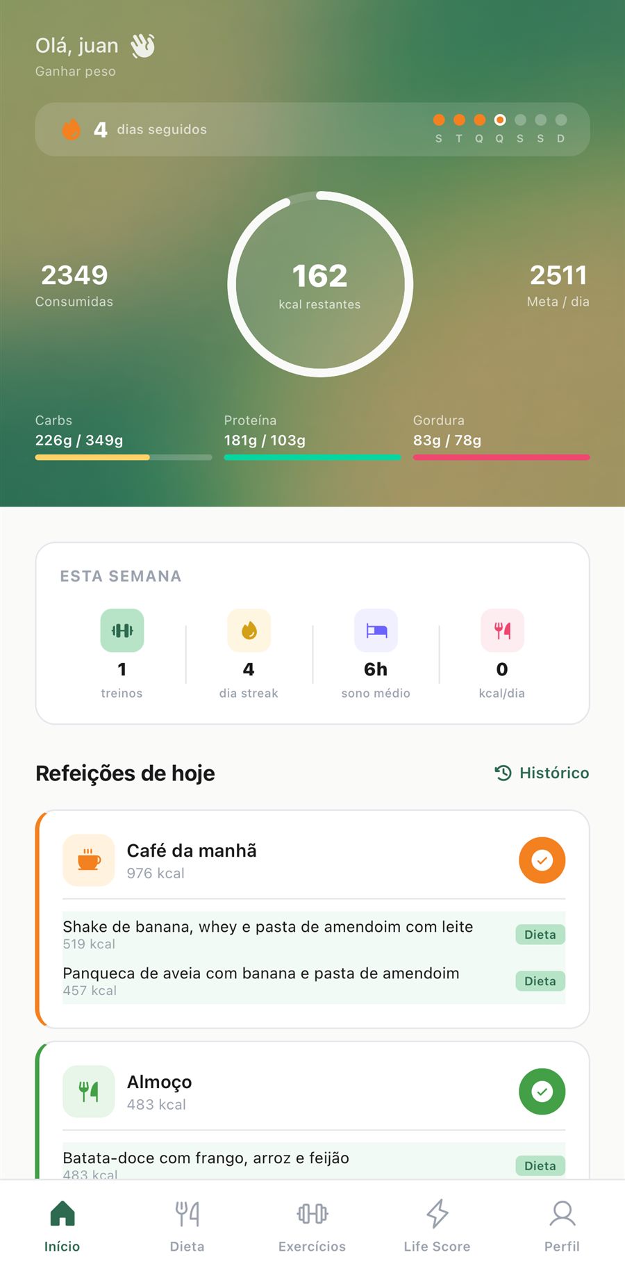 Tela do app Salus com anel de calorias restantes, macros e refeições do dia